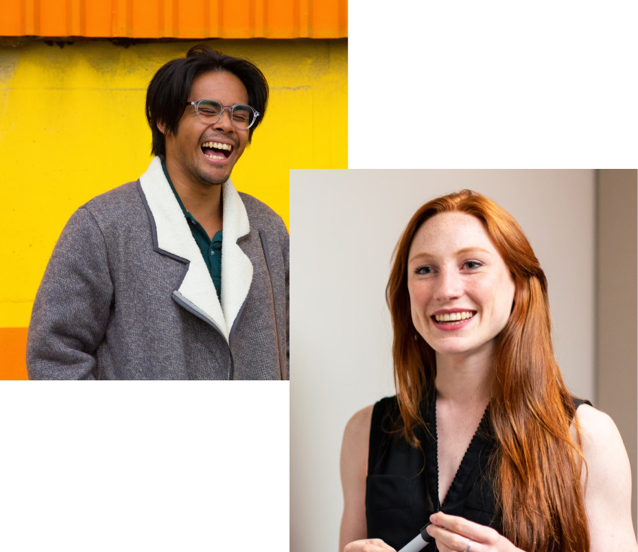 Headshots of two people looking happy. One is a performer and the other is a professional.